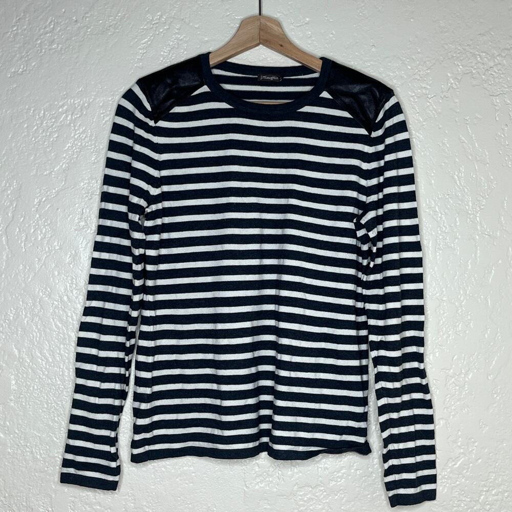 J. McLaughlin Women's Leeward Gray Striped Leather Patch Sweater Size Medium